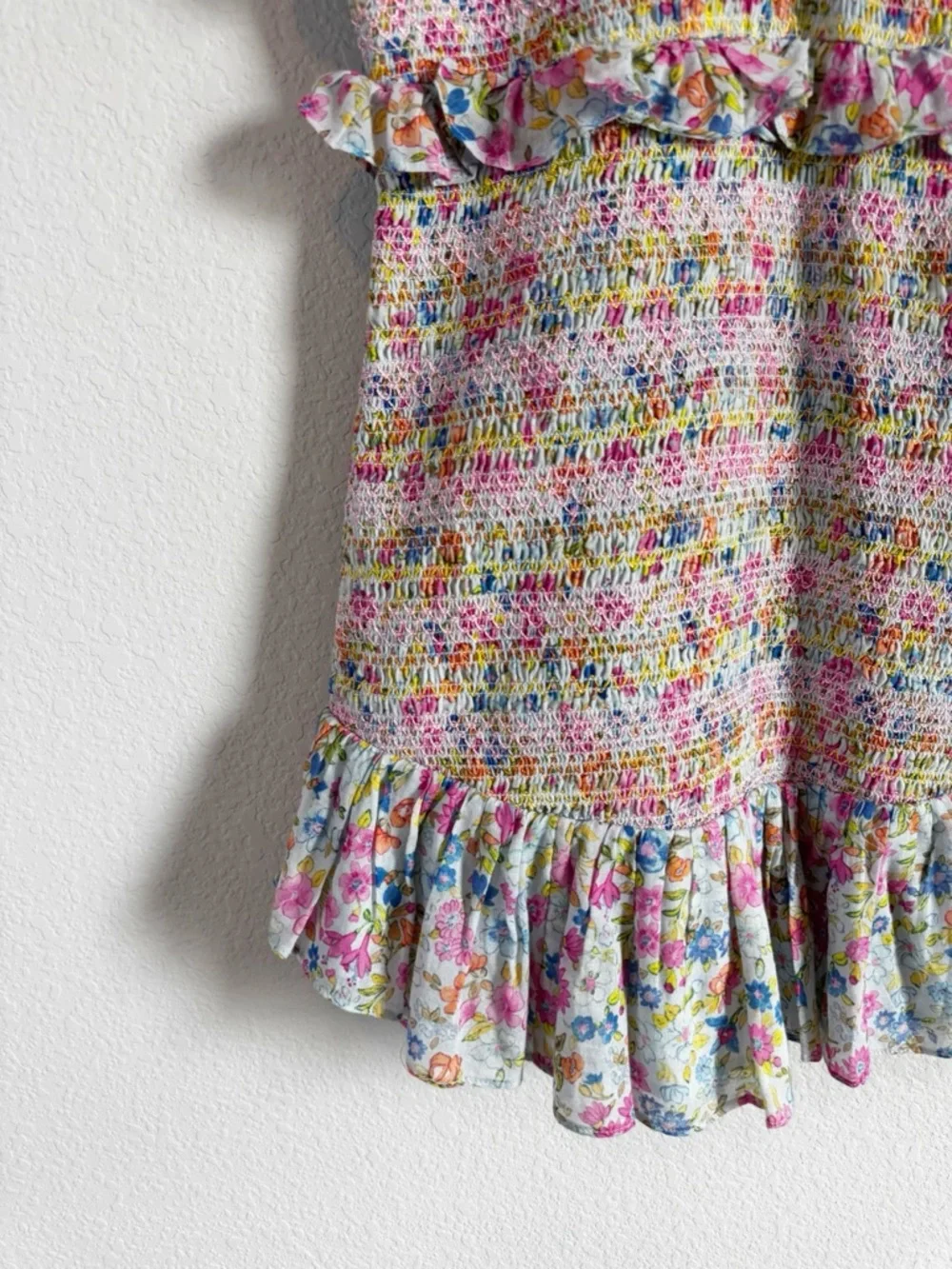 LoveShackFancy Sonora Floral Smocked Ruffle Mini Dress in Coral Reef Waves Sz L - Picture 3 of 11